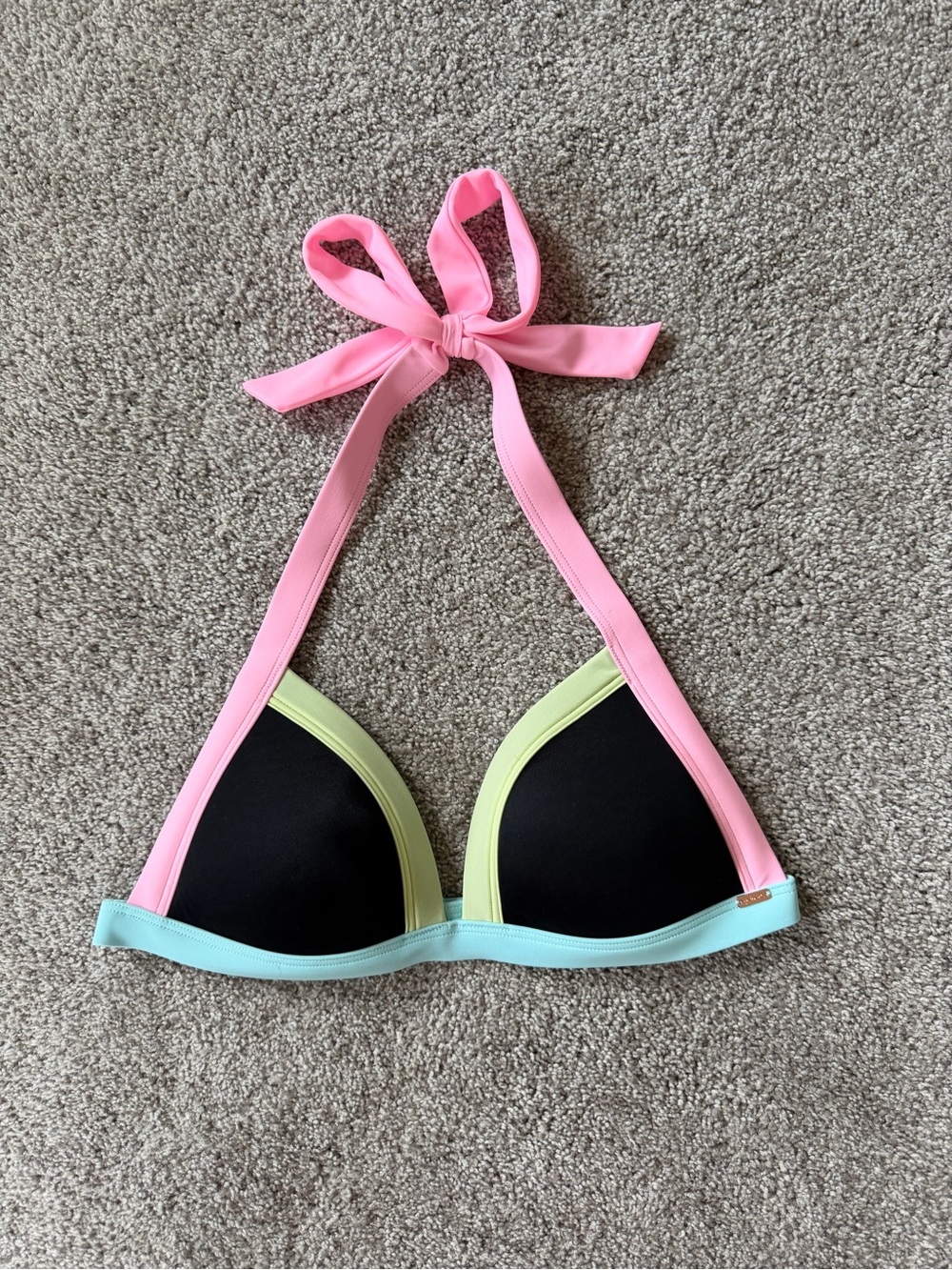 PINK Victoria's Secret Pink, Black & Light Blue Colorblock Triangle Bikini Top
